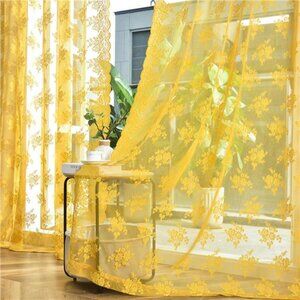 Mustard Yellow Sheer Curtains 84 Inches Long, 2 Panels Country Rustic Floral